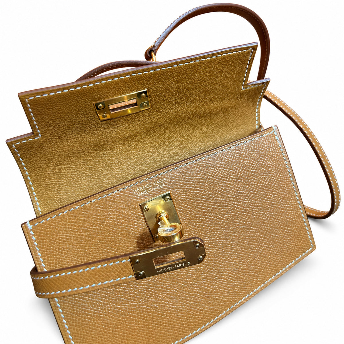 Kelly double-sided DESORDRE original Epsom Leather Gold Brown Gold Buckle order shipped — Polished Two-Sided Top-Handle Bag