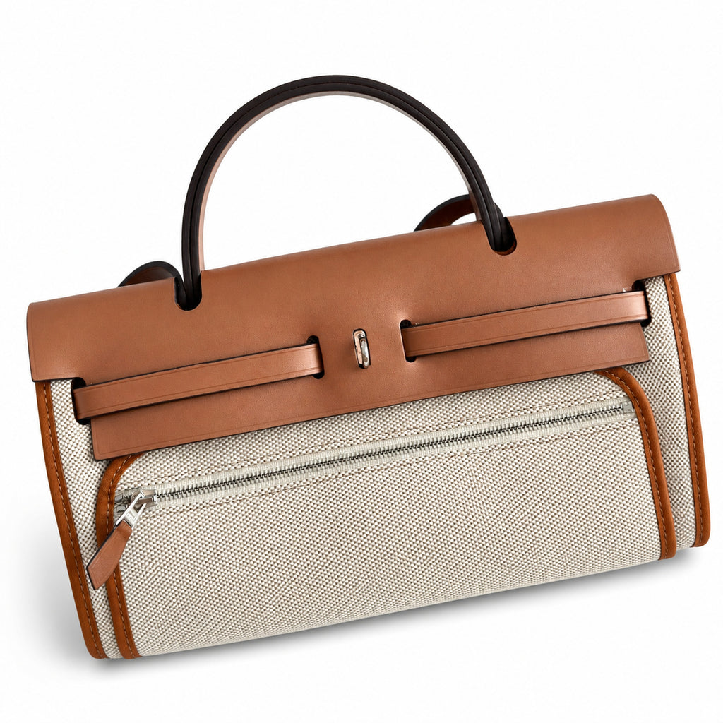 Herbag 31cm Saddle-Inspired Canvas Body with Leather Handle and Shoulder Strap — Timeless Leather-Accented Canvas Carry