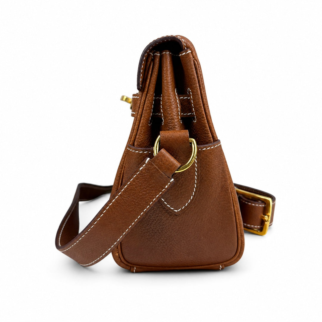 Kelly Messenger messenger bag for men and women, Fubao leather Gold Brown Gold Buckle, imported leather, all-steel hand-waxed thread, the highest — Versatile Structured Bag