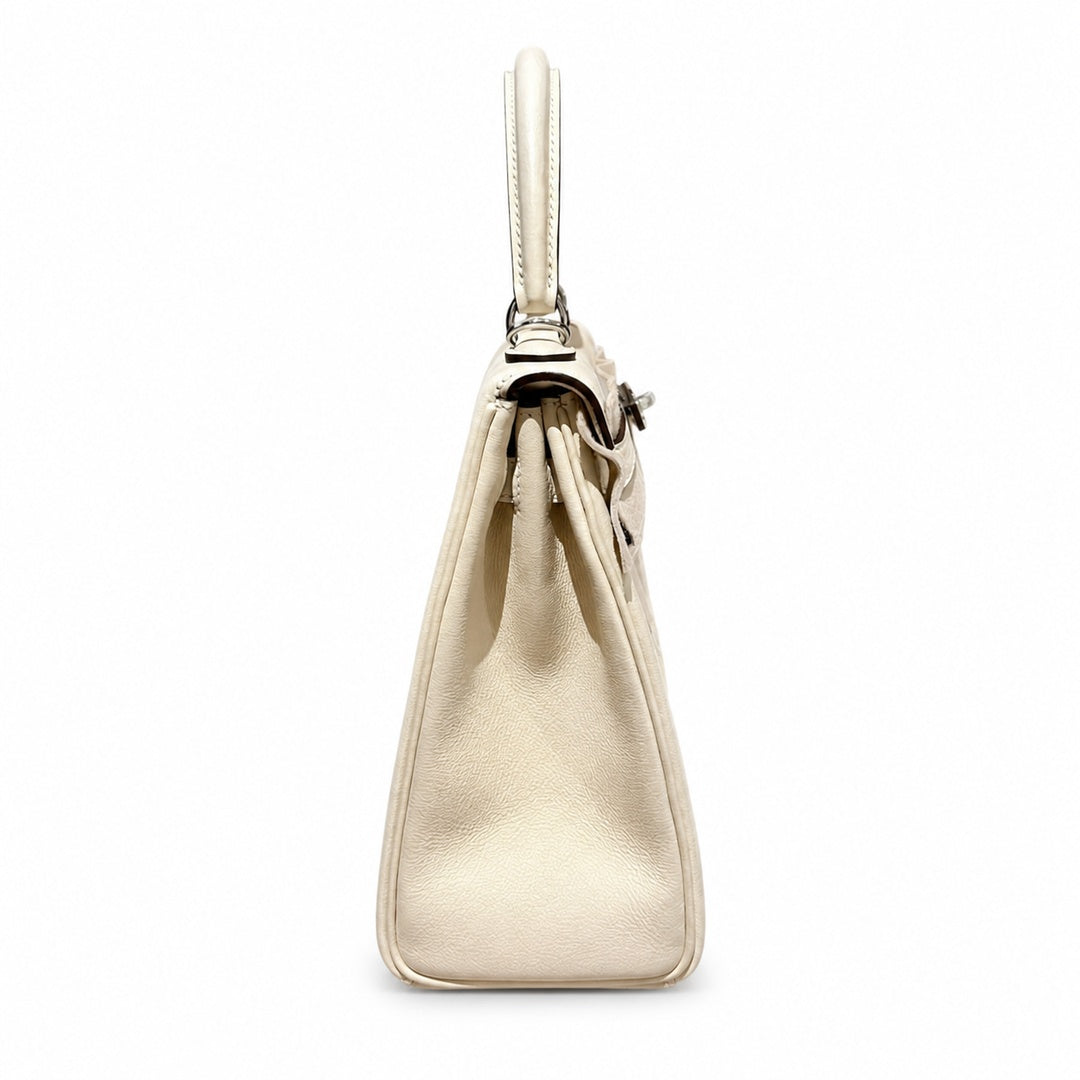 Kelly Graffiti 25cm in Nata Epsom Leather with Silver Buckle Handmade — Distinctive Hand-Carry Bag