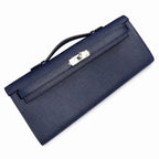 Versatile Flat Handbag: Kelly cut clutch, evening bag, Epsom Leather, waxed thread hand-stitching, sapphire blue, Silver Buckle