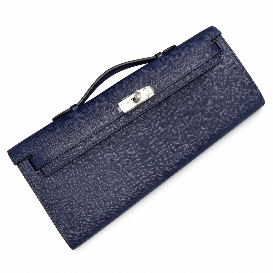 Versatile Flat Handbag: Kelly cut clutch, evening bag, Epsom Leather, waxed thread hand-stitching, sapphire blue, Silver Buckle