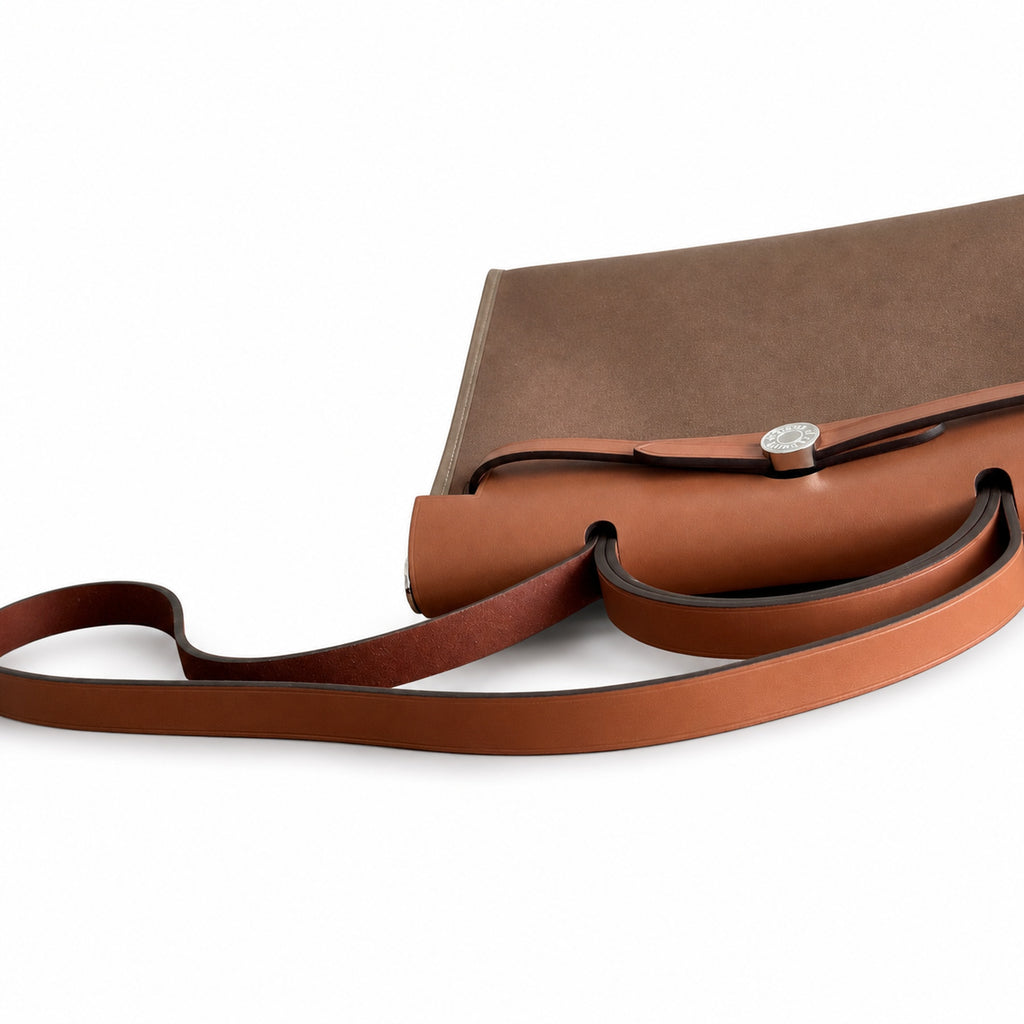 Herbag 31cm Saddle-Inspired Canvas Body with Leather Handle and Shoulder Strap — Distinctive Canvas Carry Style