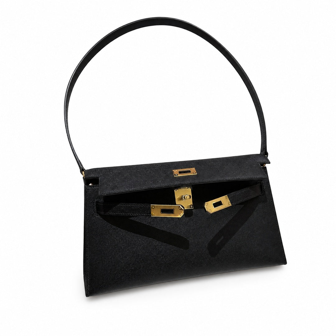 Kelly Elan 25 Underarm Baguette Bag in Black with Gold Buckle — Streamlined Elan Carry Design