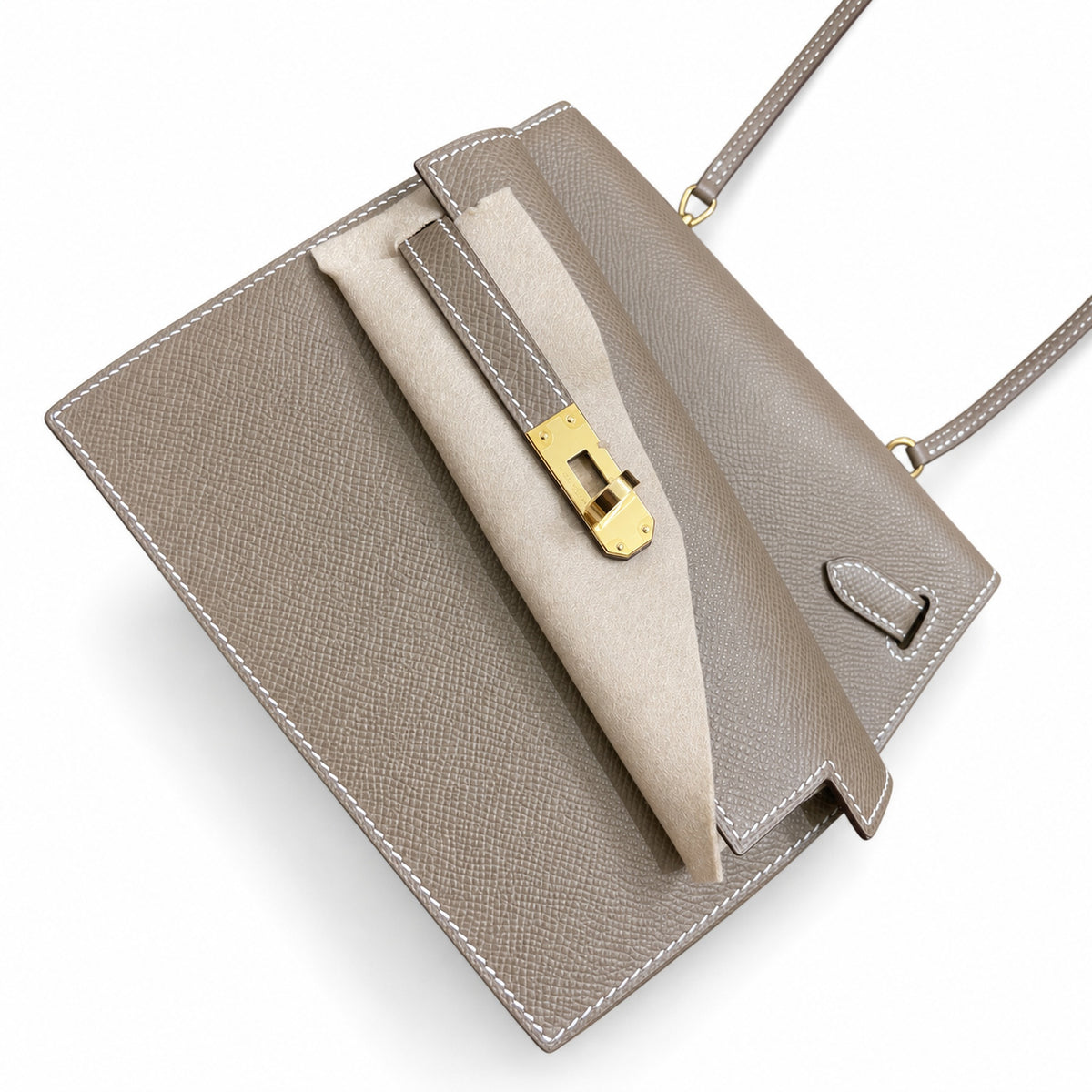 Kelly Desordre 20cm Sellier double-sided Epsom original palm print leather ck18 Elephant Gray Etoupe Gold Buckle GHw top hand sewing — Elegant Structured Carry Style