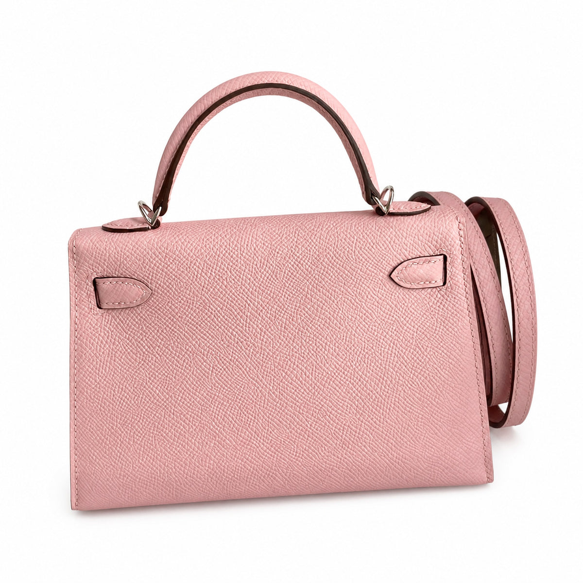 handmade Mini Kelly II 19cm imported Epsom Leather 3Q Pink Silver Buckle — Polished Compact Handbag