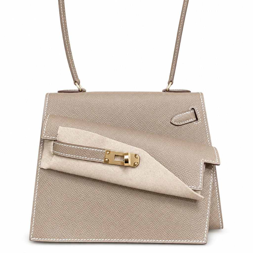 Kelly Desordre 20cm Sellier double-sided Epsom original palm print leather ck18 Elephant Gray Etoupe Gold Buckle GHw top hand sewing — Elegant Structured Carry Style