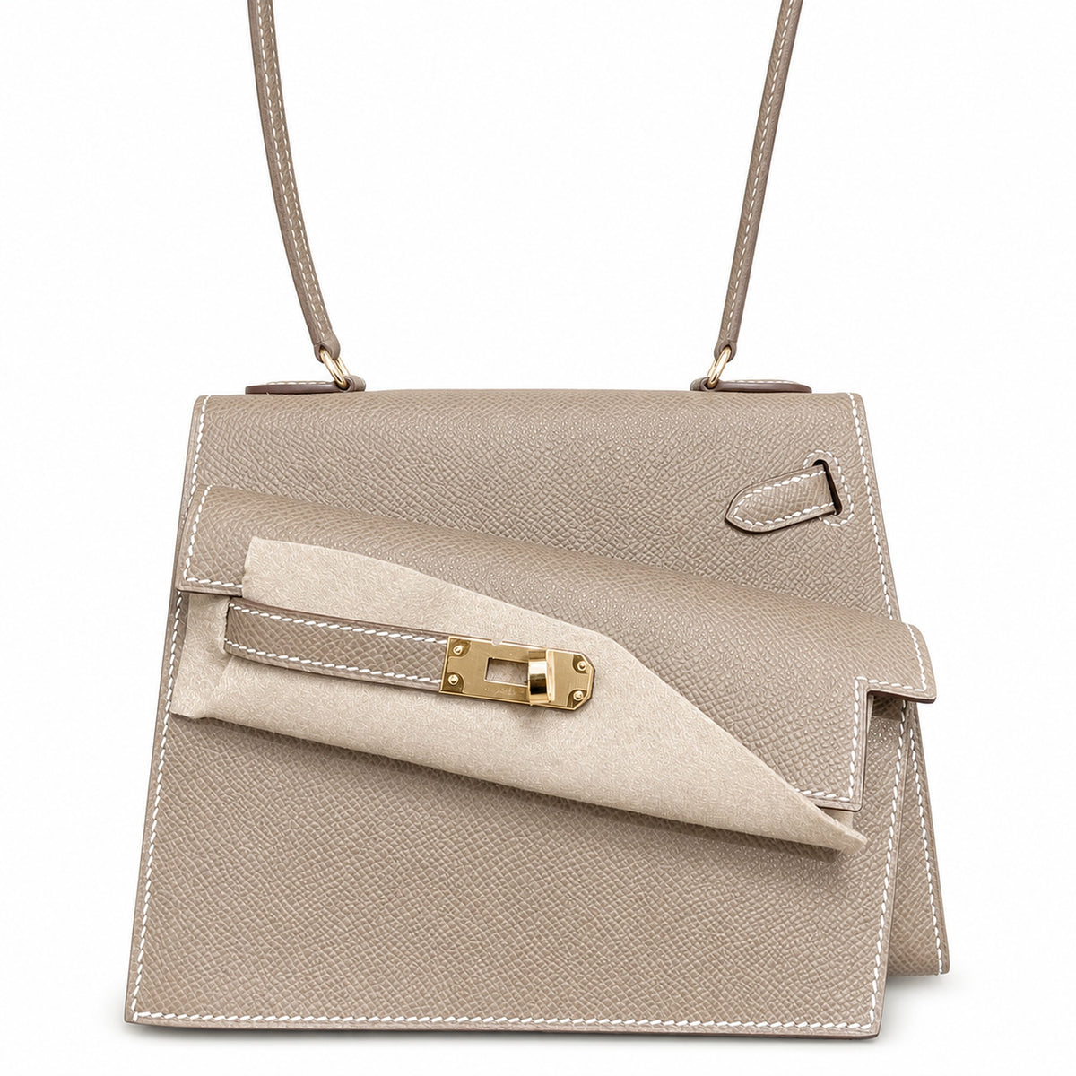Kelly Desordre 20cm Sellier double-sided Epsom original palm print leather ck18 Elephant Gray Etoupe Gold Buckle GHw top hand sewing — Elegant Structured Carry Style