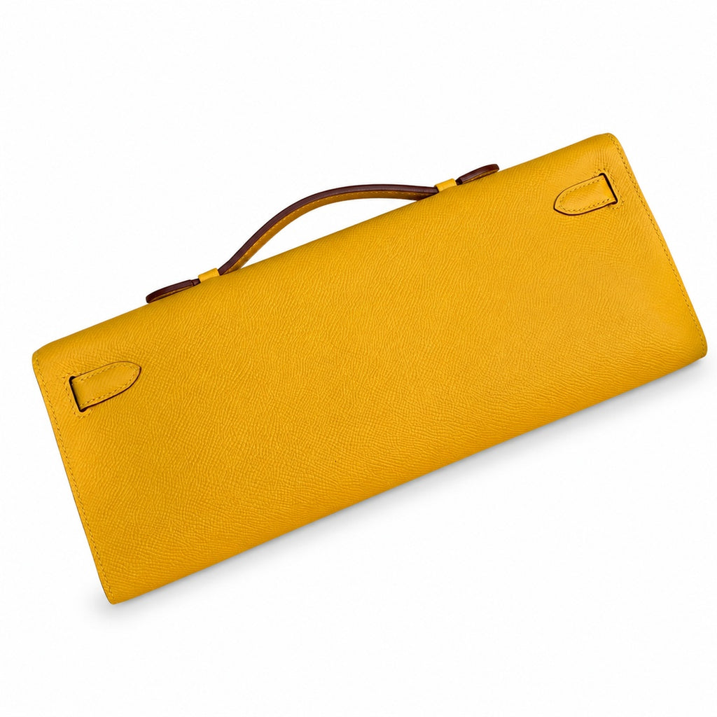 Slim Evening Clutch: Kelly cut clutch, evening bag, Epsom Leather, wax thread hand-sewing, amber yellow, Gold Buckle