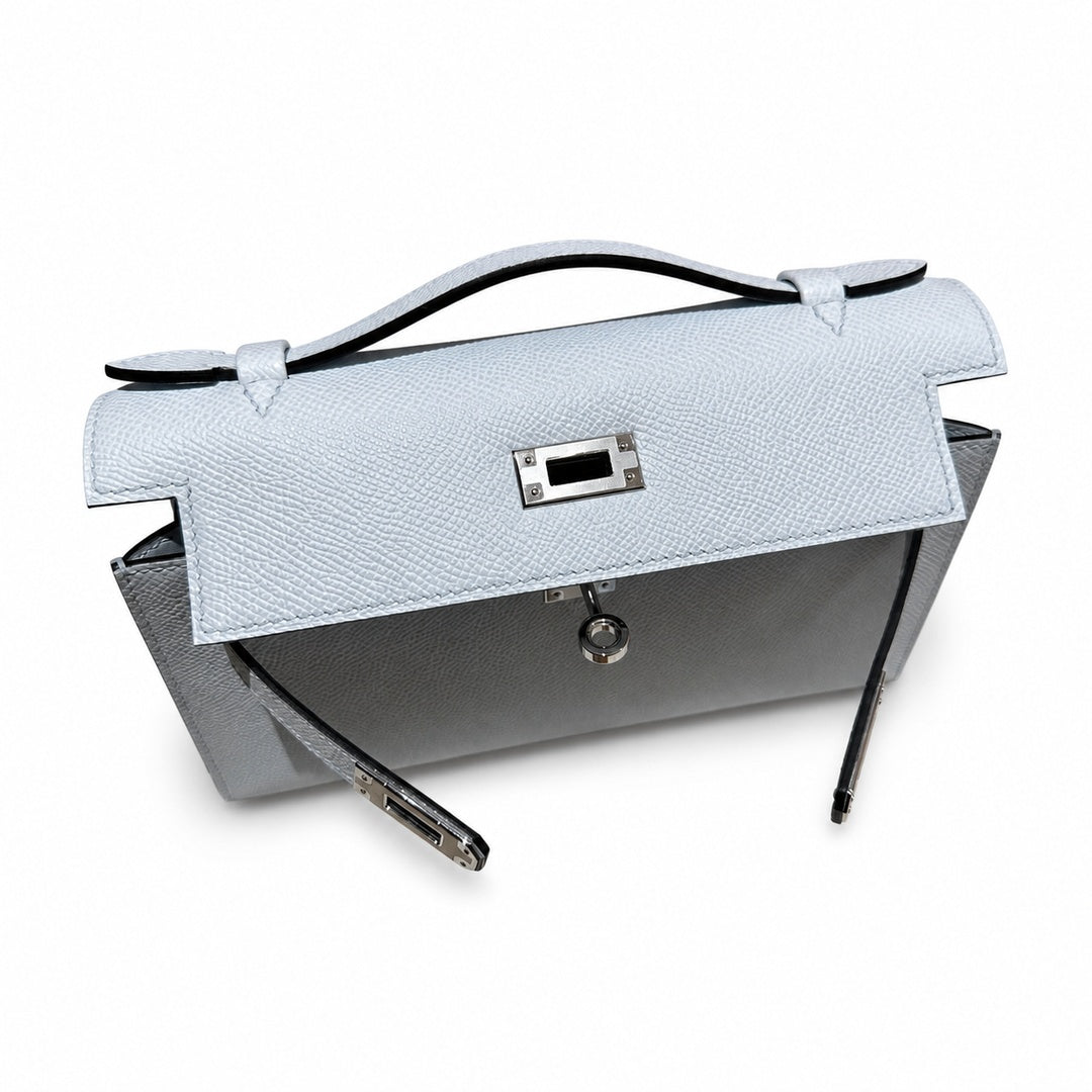 Mini Kelly 22cm in Bleu Brume Epsom Leather with Silver Buckle — Elegant Compact Carry Style