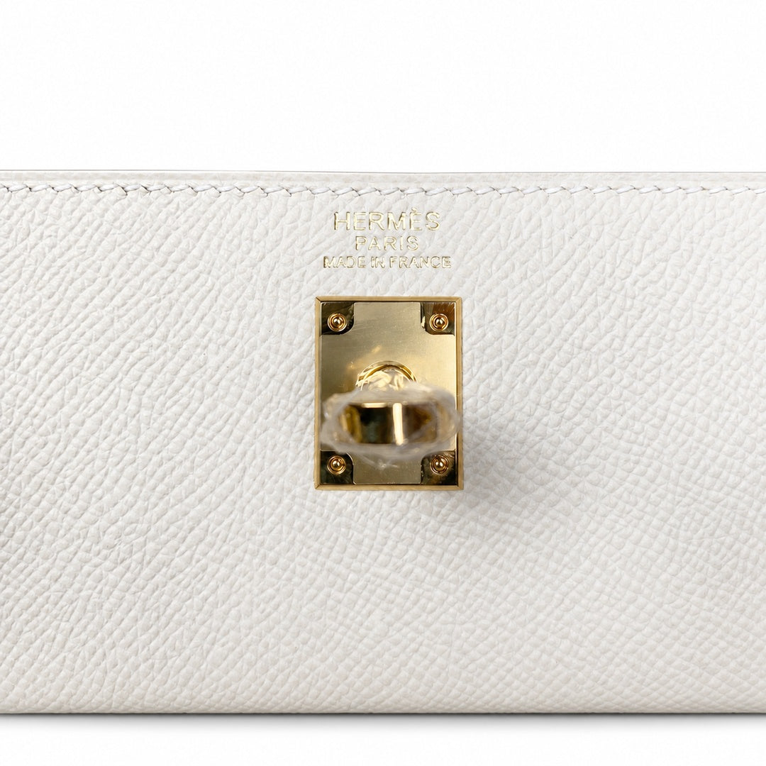 Kelly 25 Milkshake White Epsom Gold Buckle handmade with wax thread — Distinctive Hand-Carry Bag