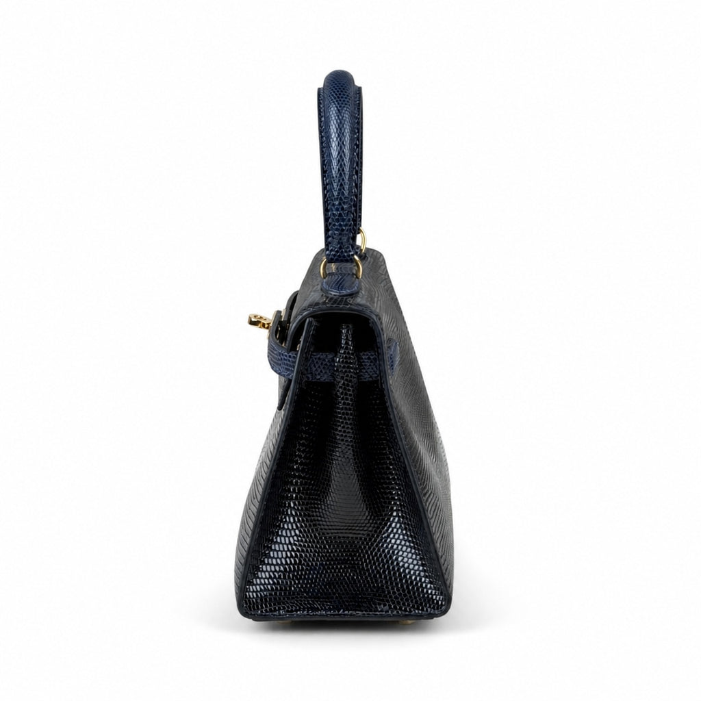 Kelly 20cm in blue lizard Leather Handmade — Structured Top-Handle Handbag