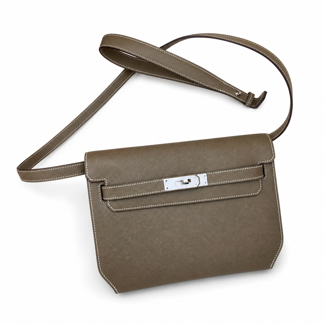 Kelly Depeches 25cm Epsom Leather, 18 Elephant Gray, Silver Buckle — Structured Hand-Carry Clutch