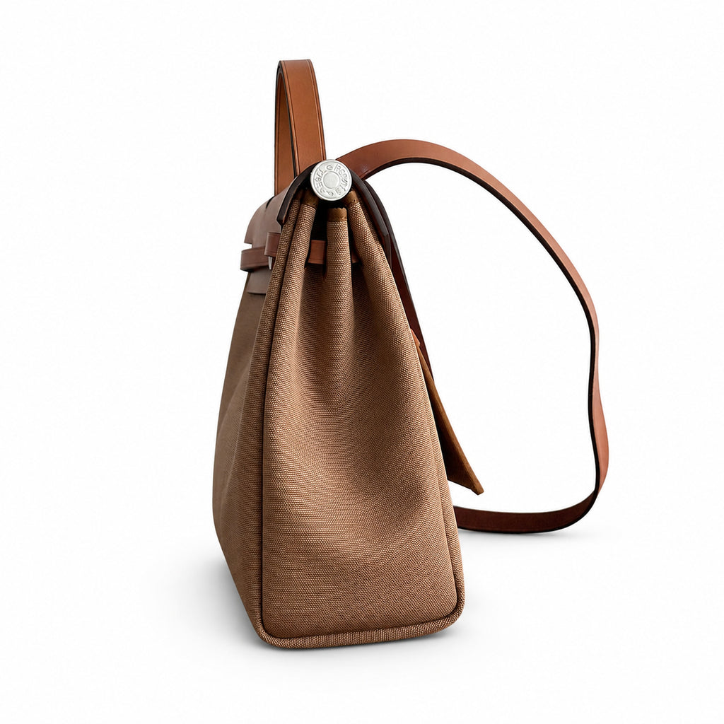 Herbag 31cm Saddle-Inspired Canvas Body with Leather Handle and Shoulder Strap — Structured Leather-Trimmed Canvas Carryall