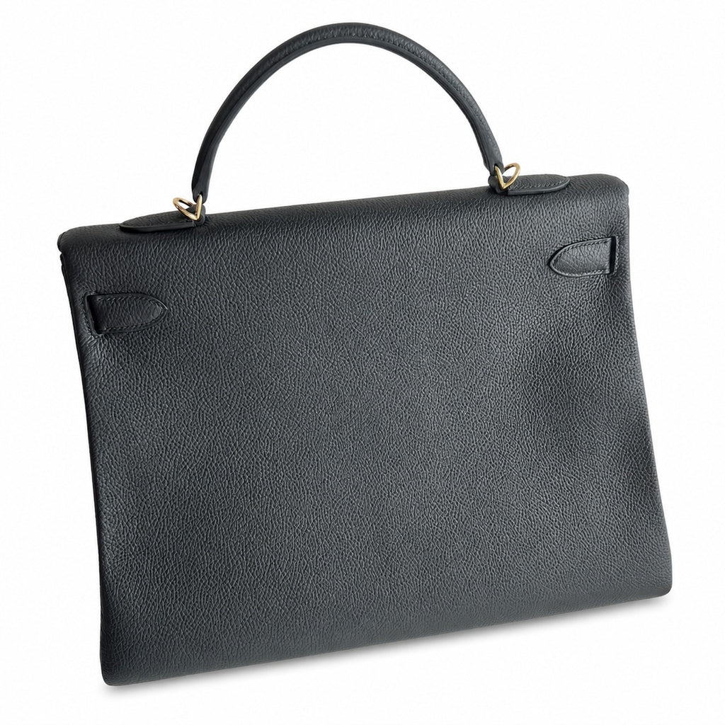 Kelly in Black Togo Leather with Gold Buckle Handmade — Structured Top-Handle Handbag