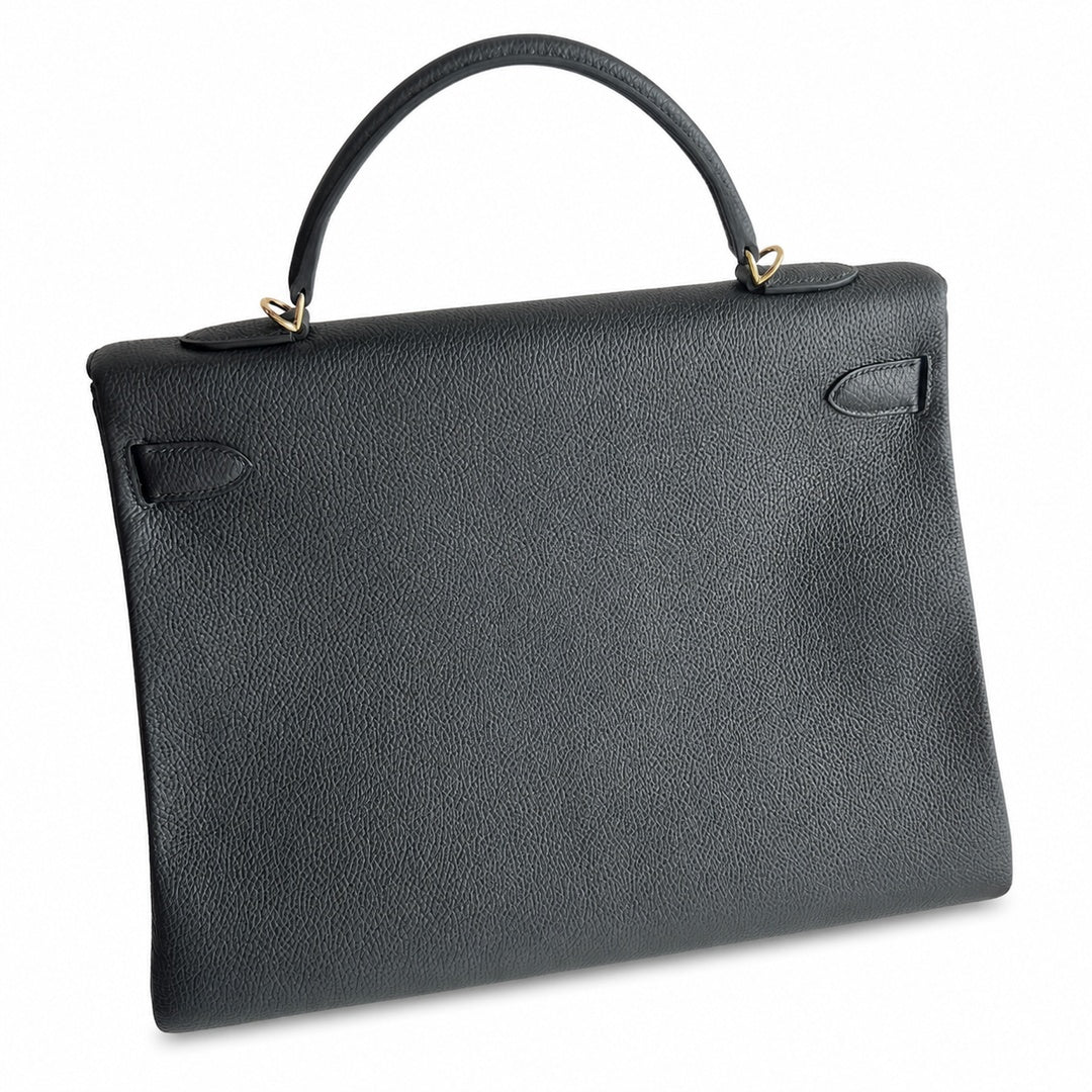 Kelly in Black Togo Leather with Gold Buckle Handmade — Structured Top-Handle Handbag