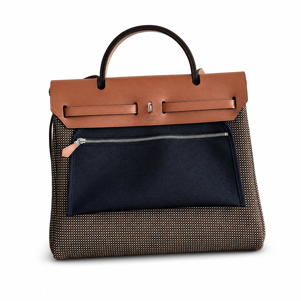 Distinctive Saddle-Inspired Handbag: Herbag 31cm Saddle-Inspired Canvas Body with Leather Handle and Shoulder Strap