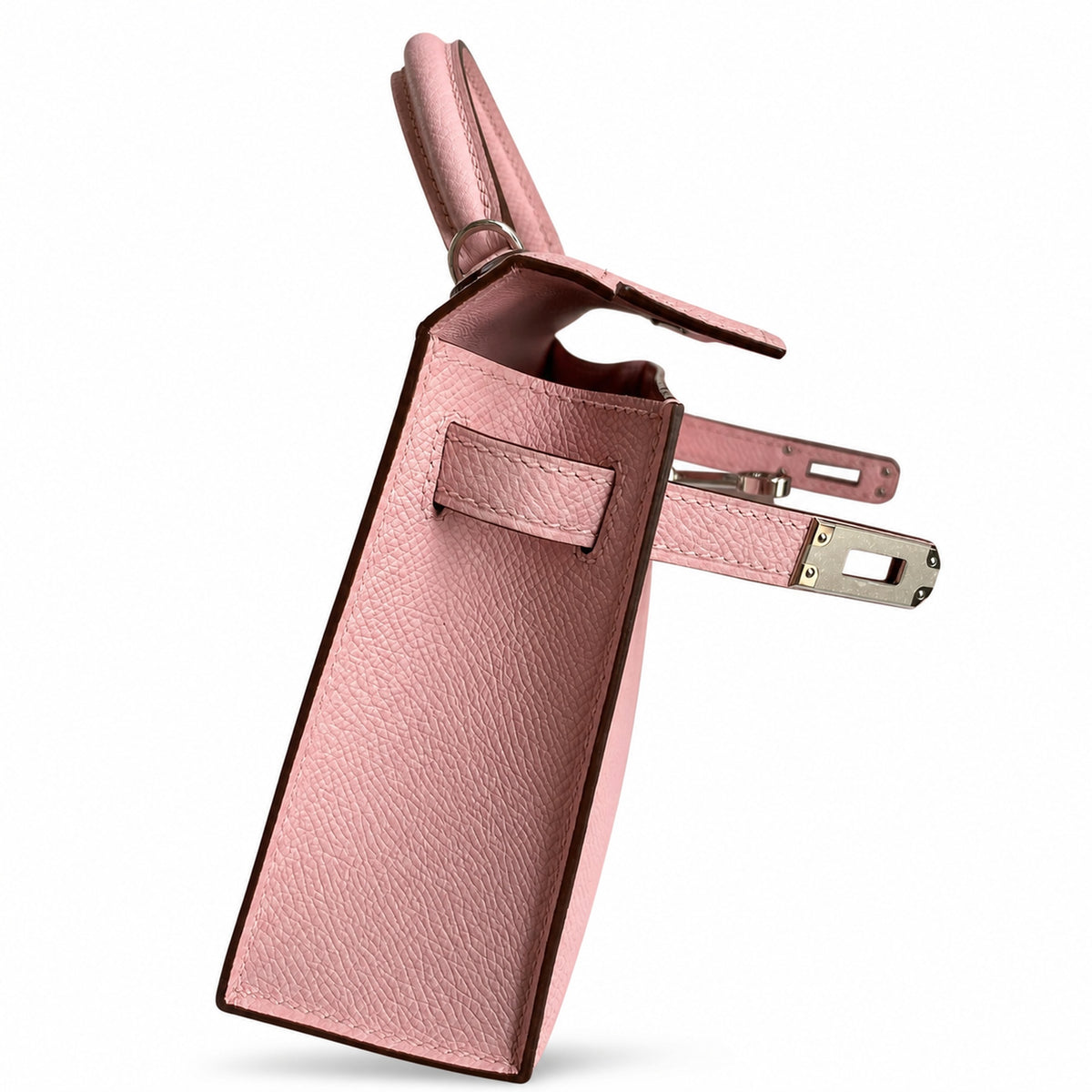 handmade Mini Kelly II 19cm imported Epsom Leather 3Q Pink Silver Buckle — Polished Compact Handbag