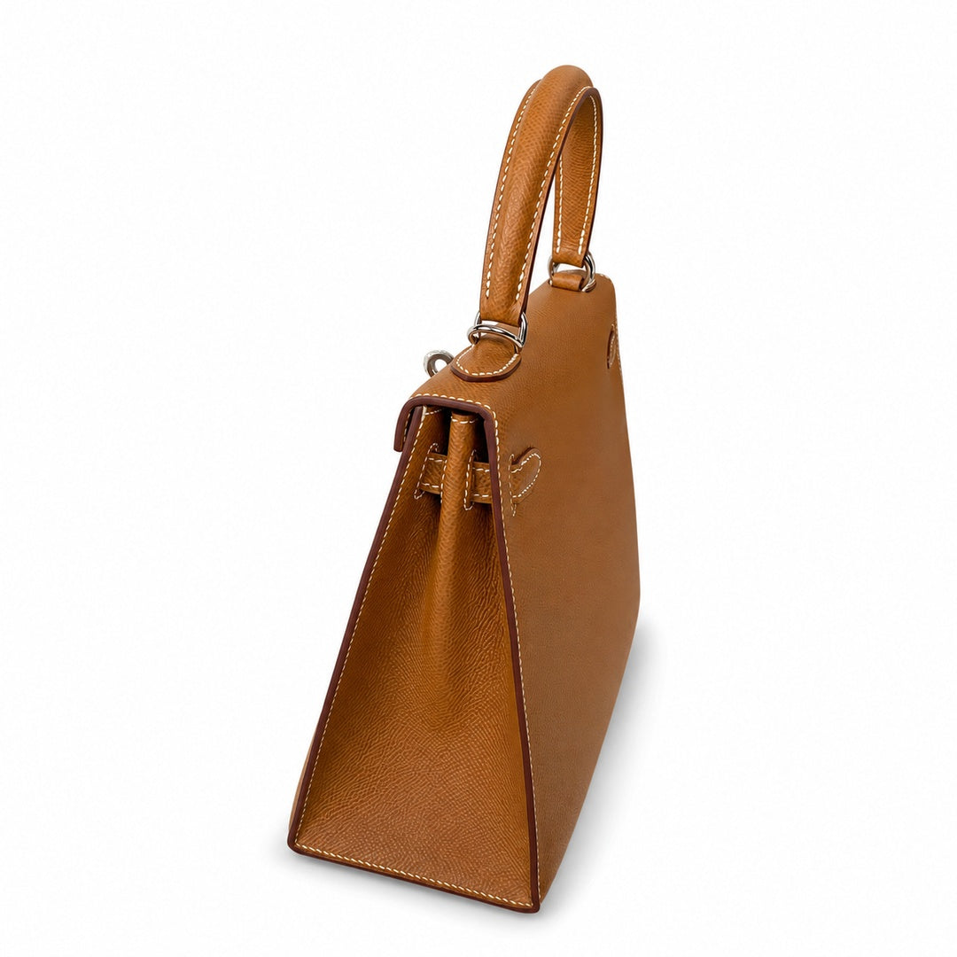 Kelly 25 Golden Brown Silver Buckle Epsom fully handmade wax thread — Sophisticated Carry Design