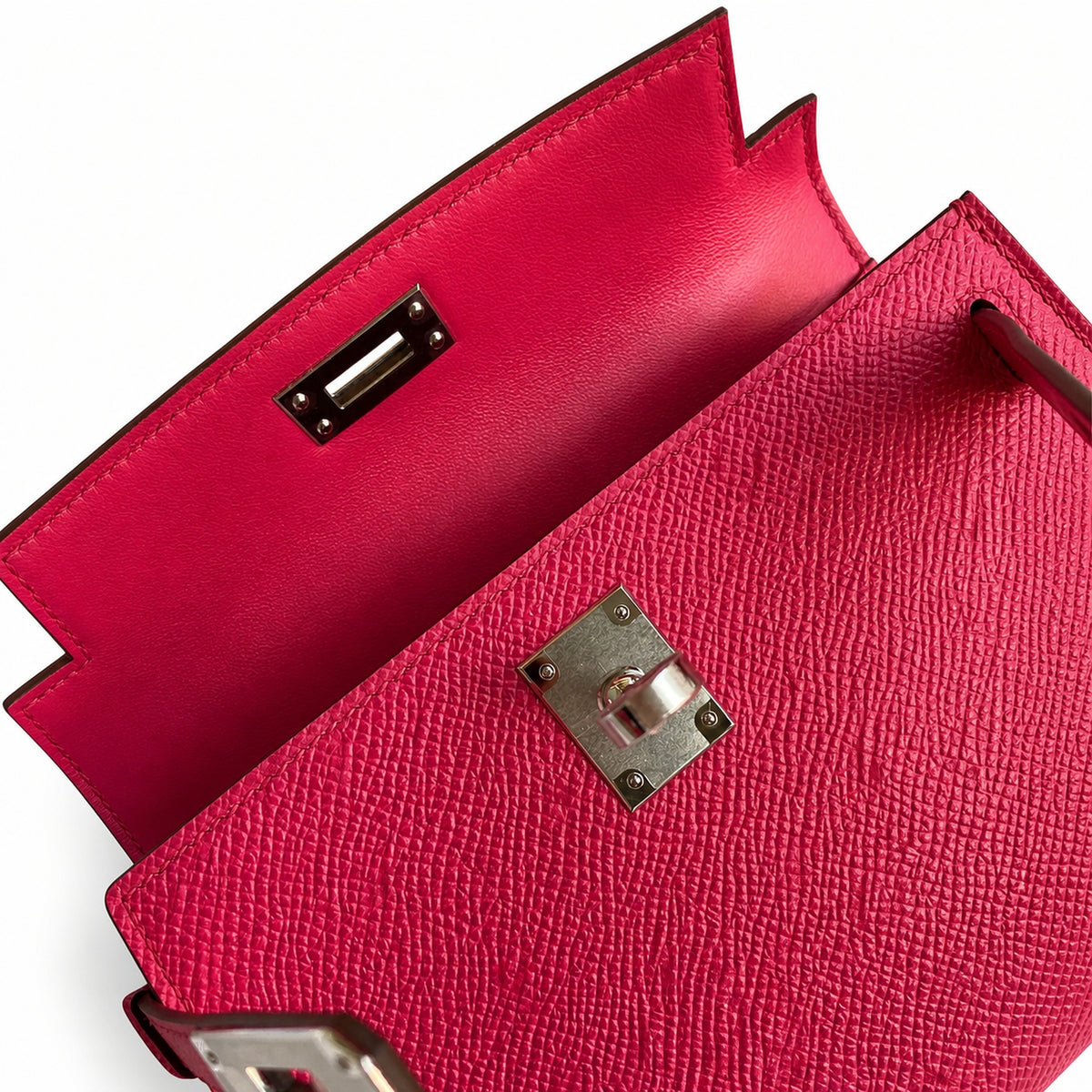 handmade Mini Kelly II 19cm imported Epsom Leather Pink Silver Buckle — Distinctive Petite Bag