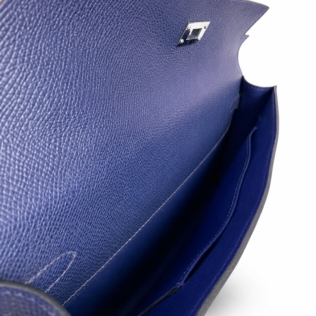 Kelly cut clutch, evening bag, Epsom Leather, waxed thread hand-stitching, sapphire blue, Silver Buckle — Versatile Flat Handbag