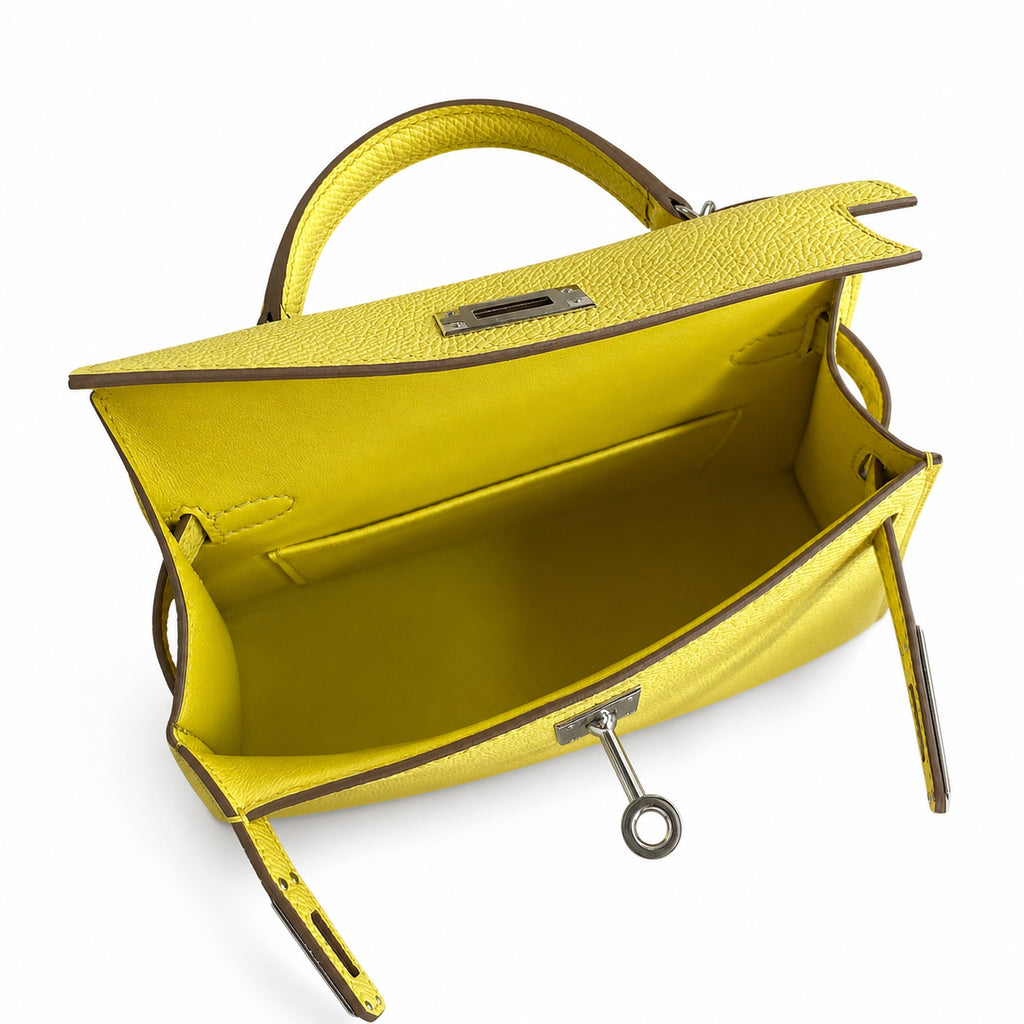 handmade Mini Kelly II 19cm imported Epsom Leather lemon yellow Silver Buckle — Streamlined Mini Handbag