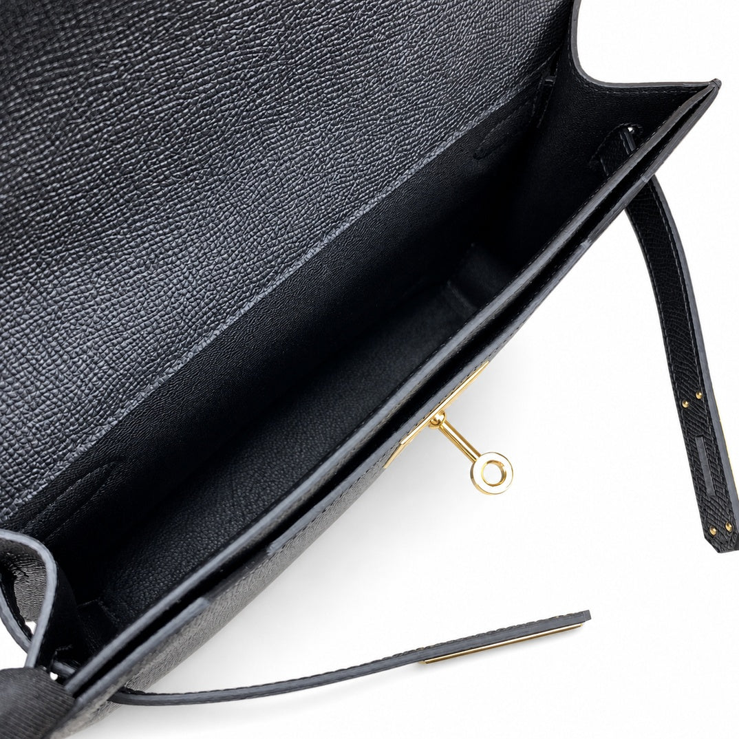 Kelly Depeches 25cm Epsom Leather 89 Black Gold Buckle — Streamlined Clutch Bag