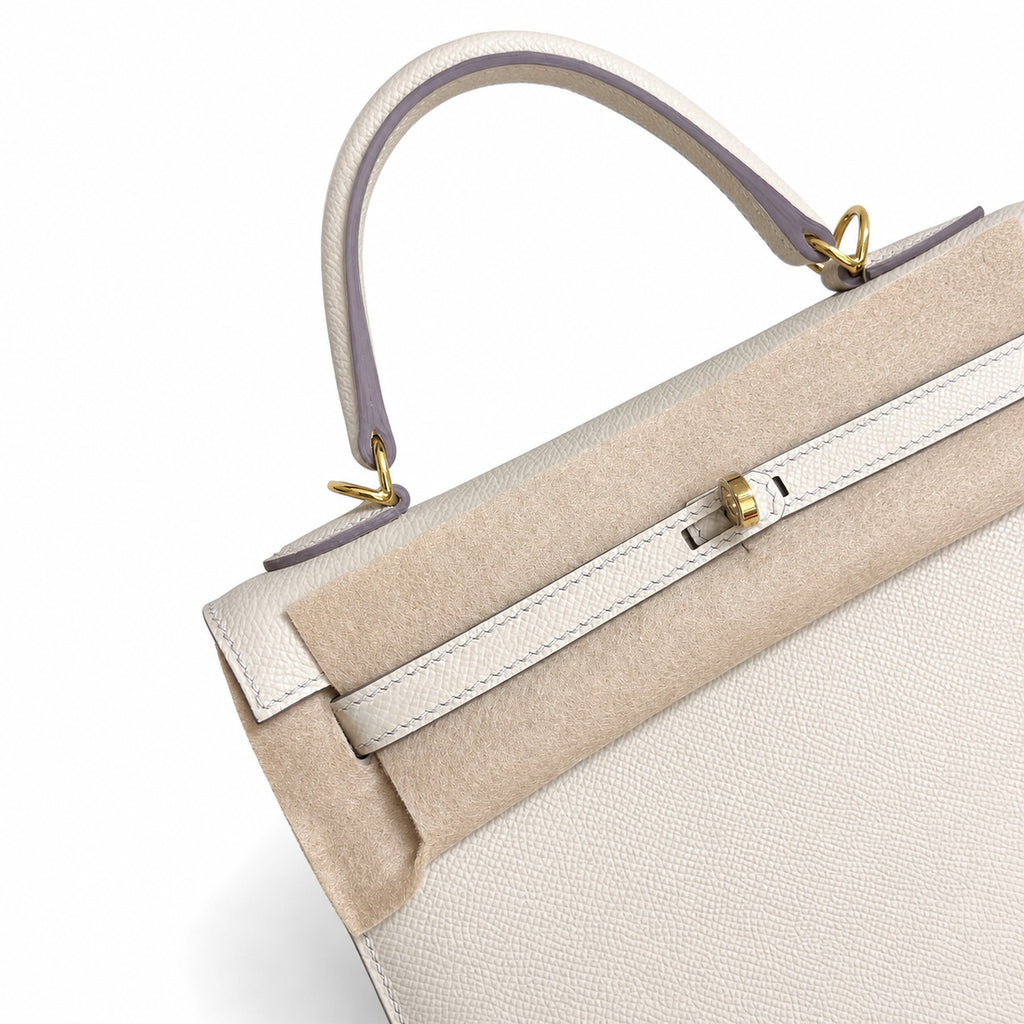 Milkshake White, Gold Buckle and Silver Buckle, Kelly 25, imported Epsom — Polished Structured Handbag