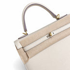 Milkshake White, Gold Buckle and Silver Buckle, Kelly 25, imported Epsom — Polished Structured Handbag