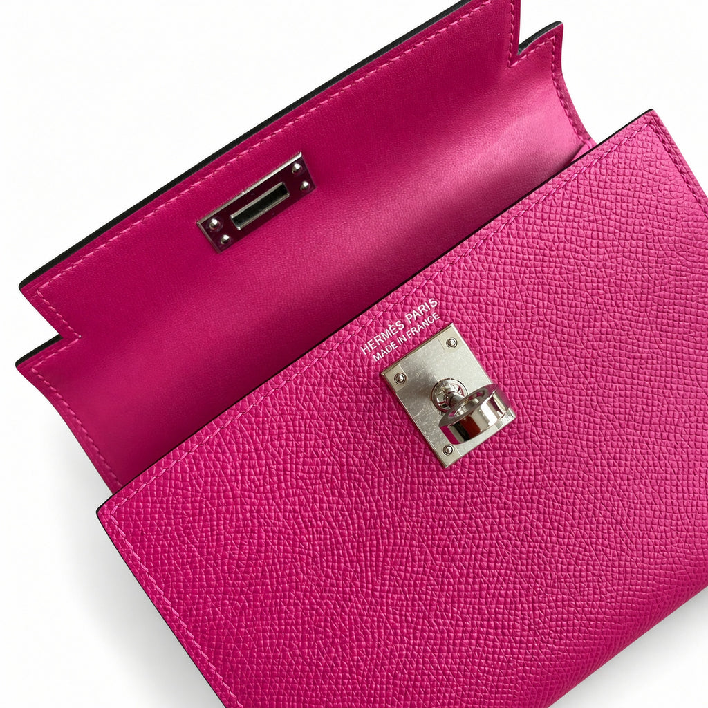 handmade Mini Kelly II 19cm imported Epsom Leather Rose Purple Silver Buckle — Compact Top-Handle Bag
