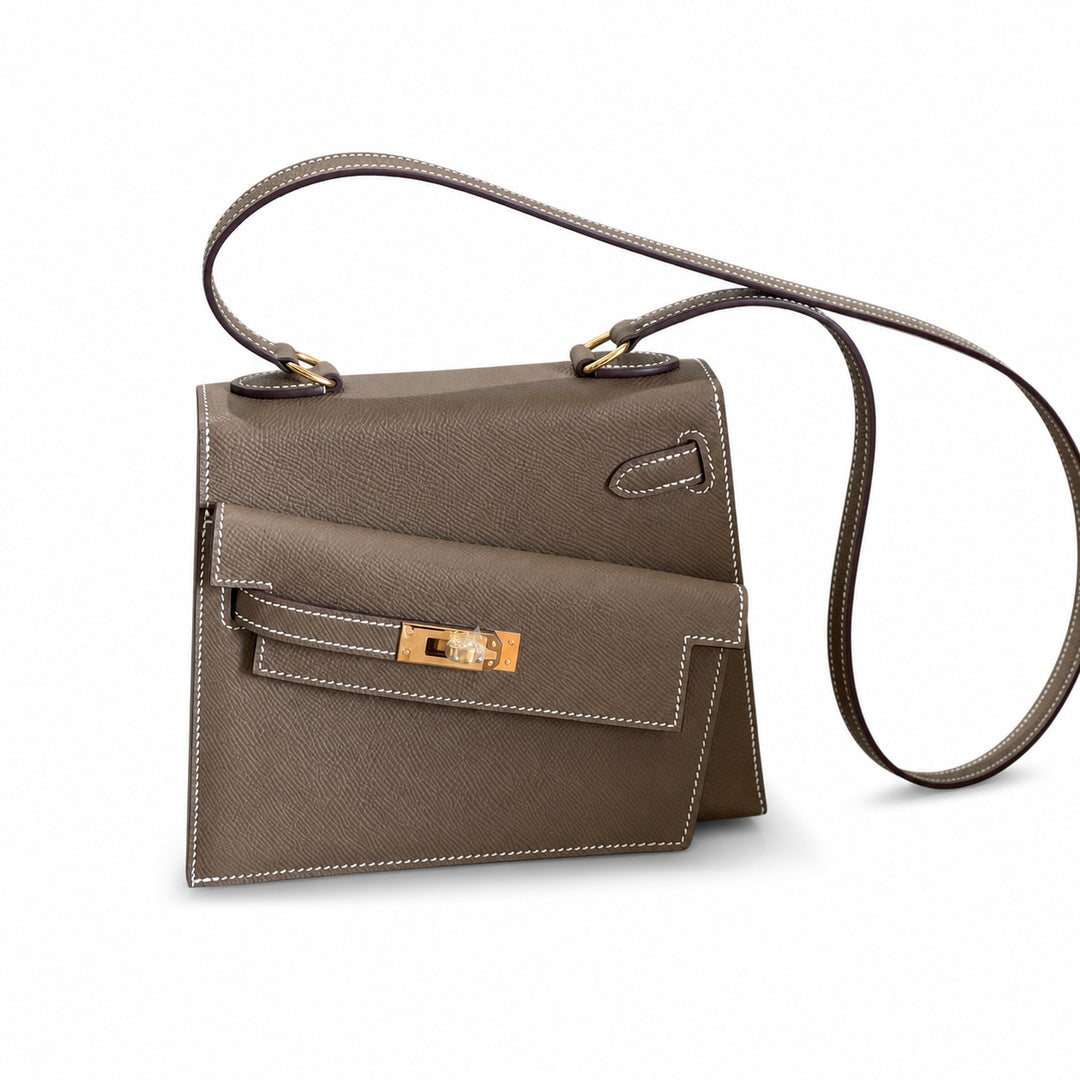 Kelly Double-Sided Epsom Leather in Elephant Gray with Gold Buckle — Distinctive Double-Sided Handbag