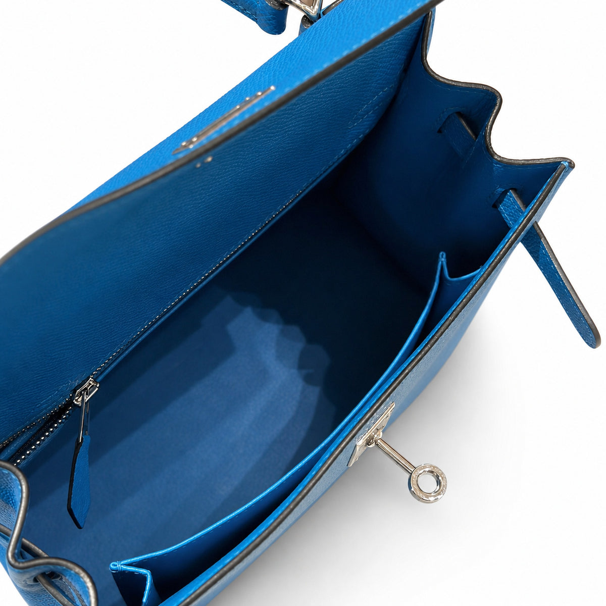 Kelly 25cm in Blue Epsom Leather with Silver Buckle Handmade — Timeless Top-Handle Design