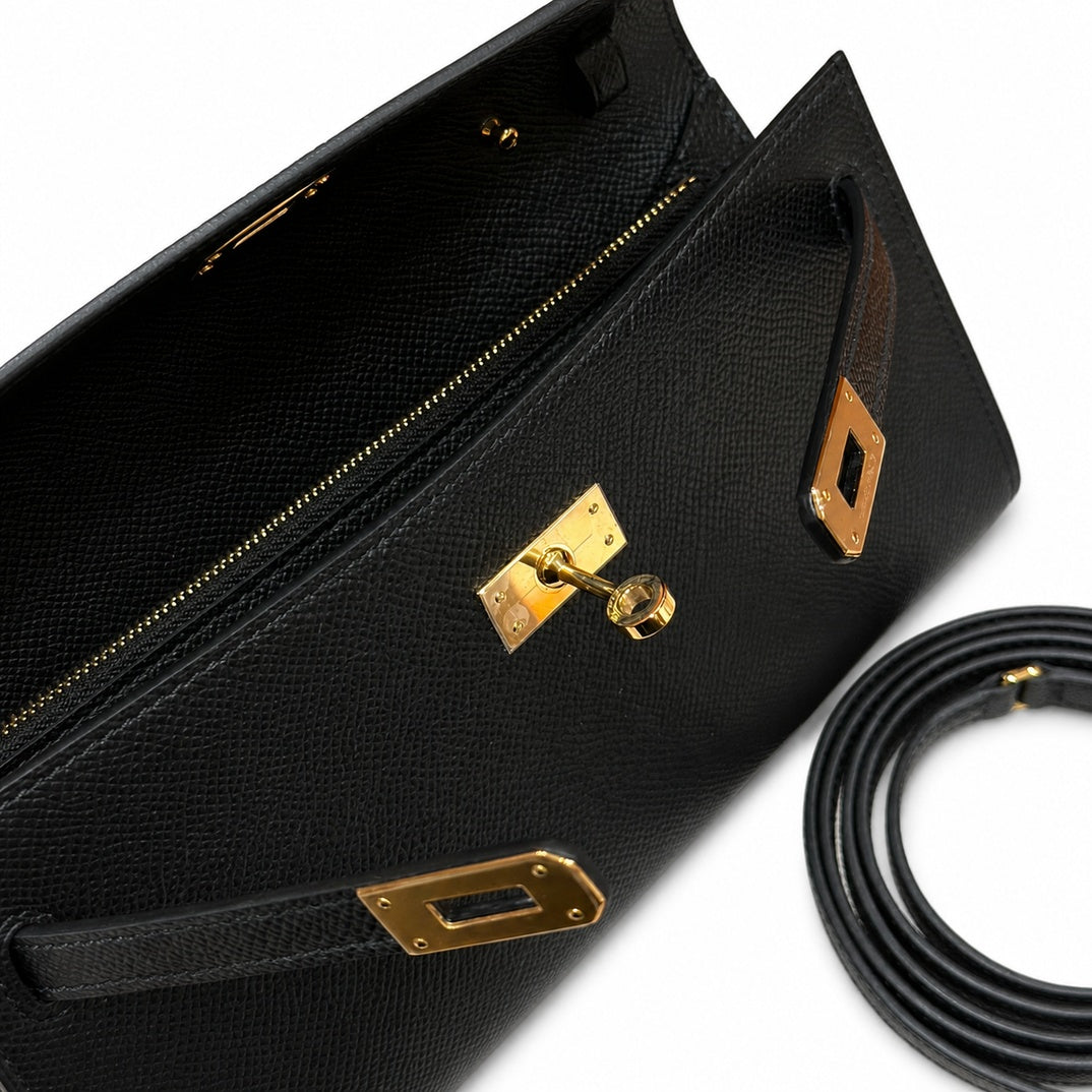 Refined Small Hand-Carry Bag: Kelly to go Color: ck89/Noir Size: 19*11.5*1.5cm Leather: Epsom Hardware: Gold shoulder crossbody bag, clutch bag, Black, cowhide, Gold Buckle