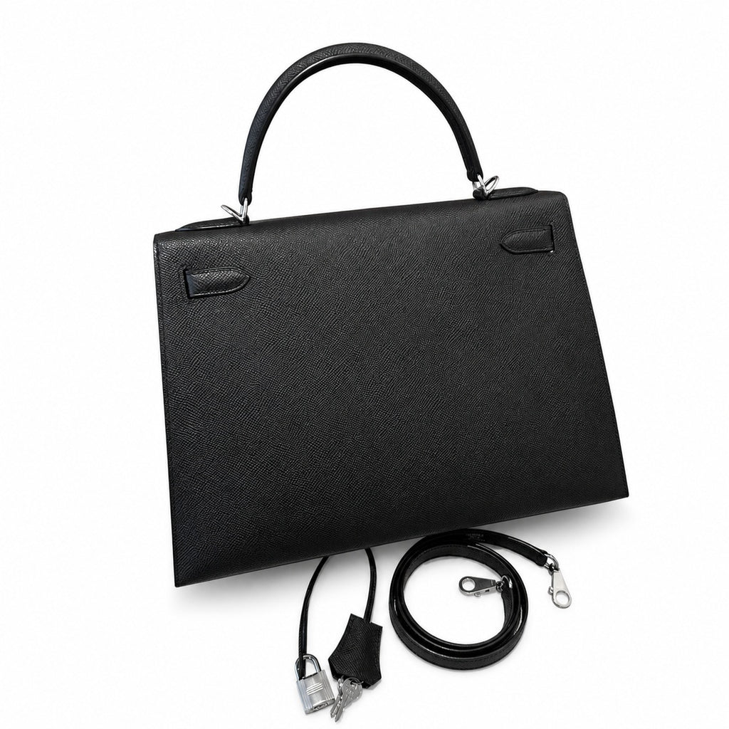 Kelly 32cm in Black Epsom Leather with Silver Buckle Handmade — Timeless Top-Handle Design