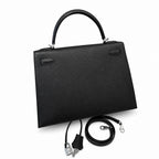 Kelly 32cm in Black Epsom Leather with Silver Buckle Handmade — Timeless Top-Handle Design