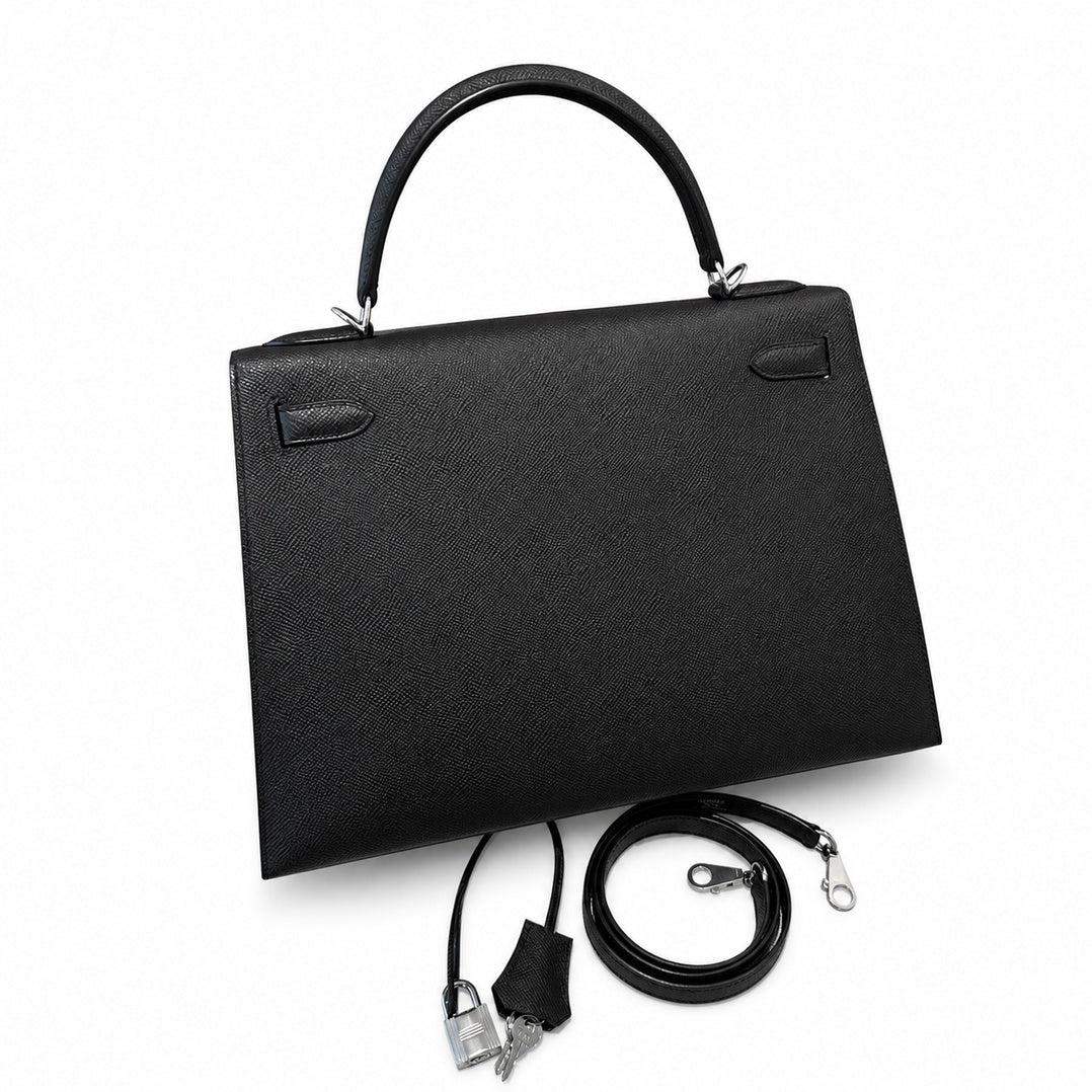 Kelly 32cm in Black Epsom Leather with Silver Buckle Handmade — Timeless Top-Handle Design