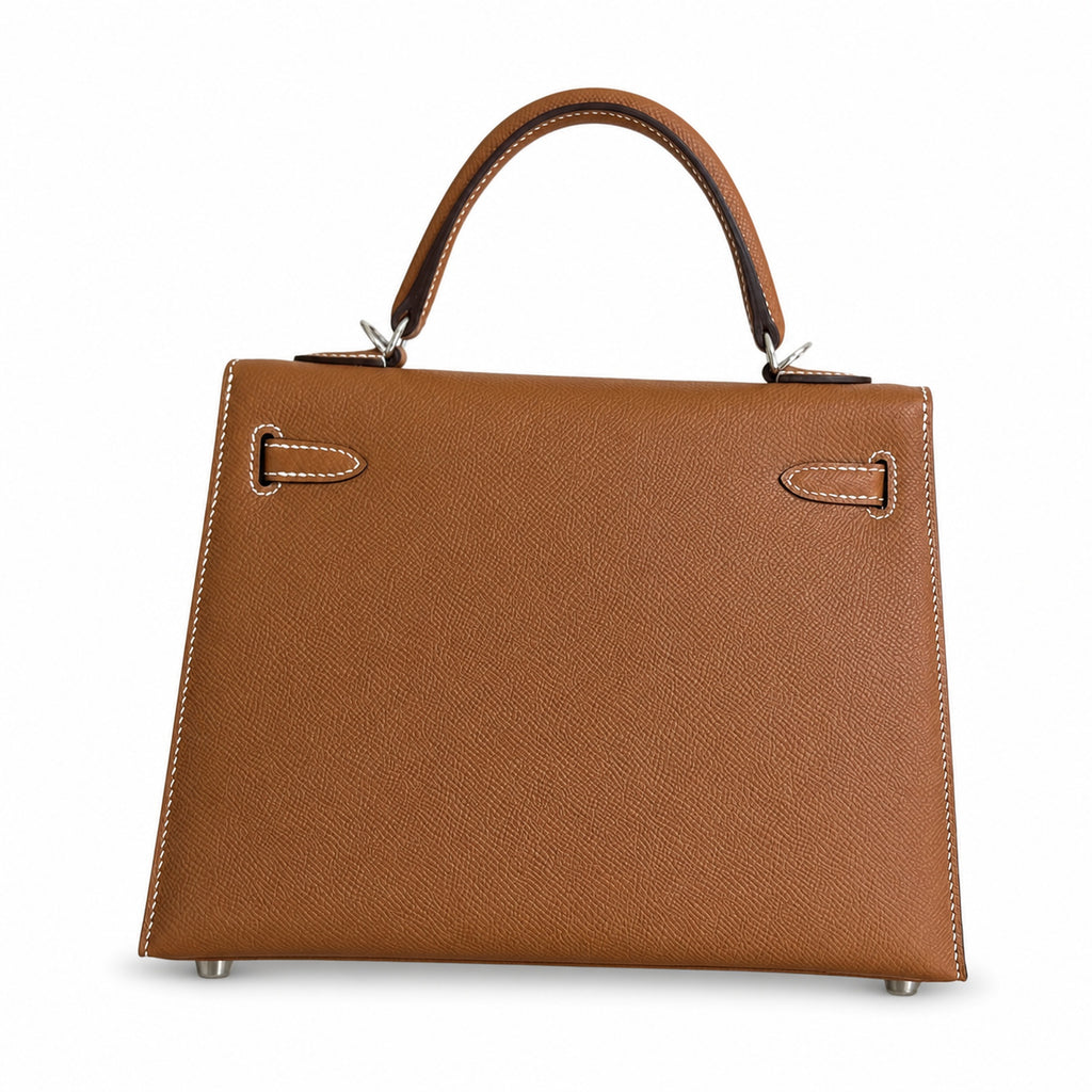 Golden Brown, Gold and Silver buckles, Kelly 25, imported Epsom — Polished Structured Handbag