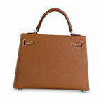 Golden Brown, Gold and Silver buckles, Kelly 25, imported Epsom — Polished Structured Handbag