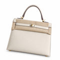 Milkshake White, Gold Buckle and Silver Buckle, Kelly 25, imported Epsom — Polished Structured Handbag