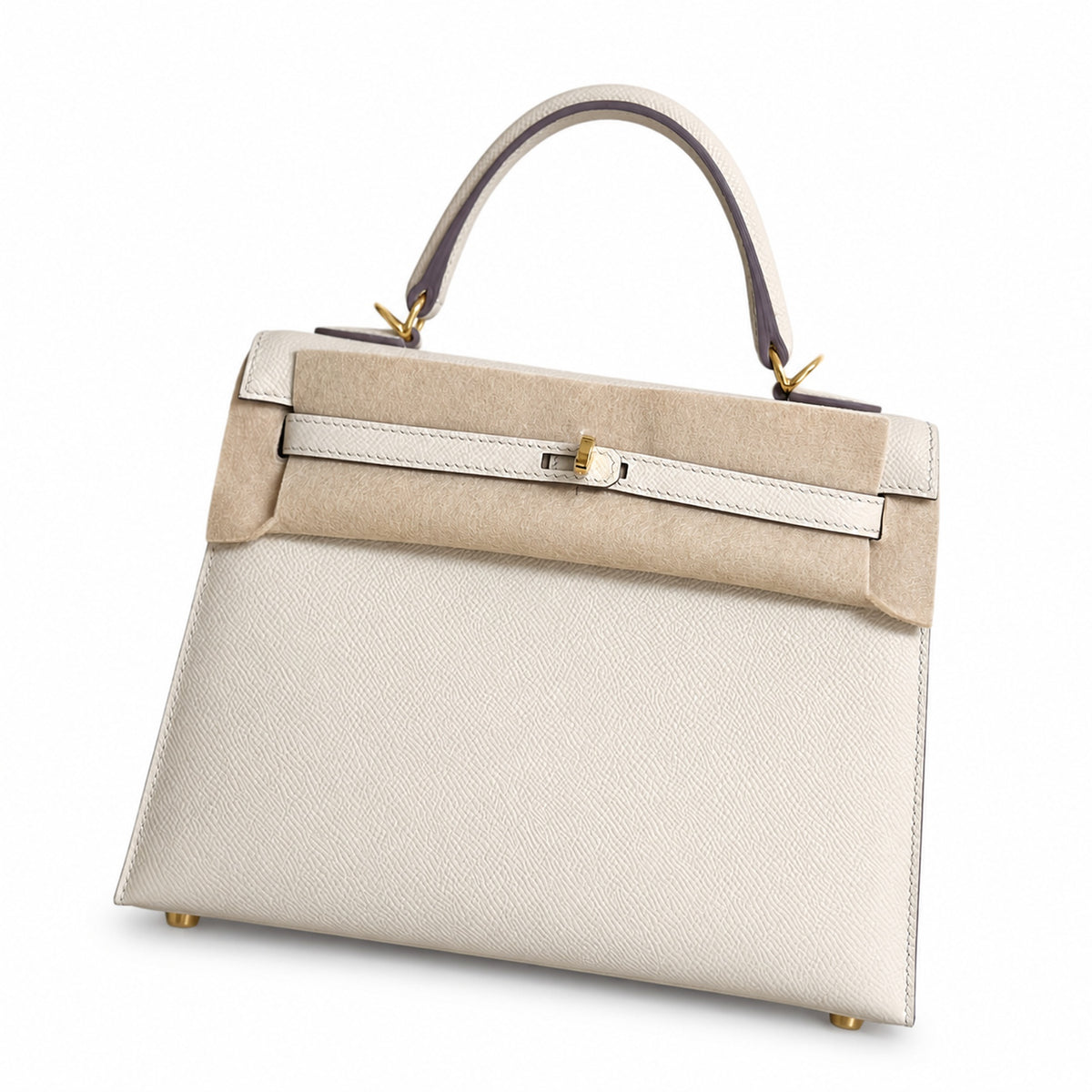 Milkshake White, Gold Buckle and Silver Buckle, Kelly 25, imported Epsom — Polished Structured Handbag