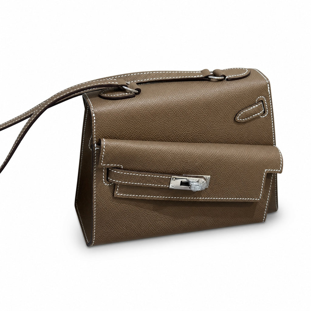 Kelly Double-Sided Epsom Leather in Elephant Gray with Silver Buckle — Polished Two-Sided Top-Handle Bag