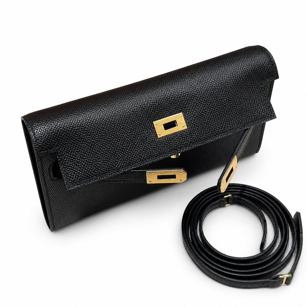 Kelly to go Color: ck89/Noir Size: 19*11.5*1.5cm Leather: Epsom Hardware: Gold shoulder crossbody bag, clutch bag, Black, cowhide, Gold Buckle — Refined Small Hand-Carry Bag