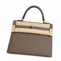 Elephant Gray, Gold and Silver buckles, Kelly 25, imported Epsom — Structured Top-Handle Handbag