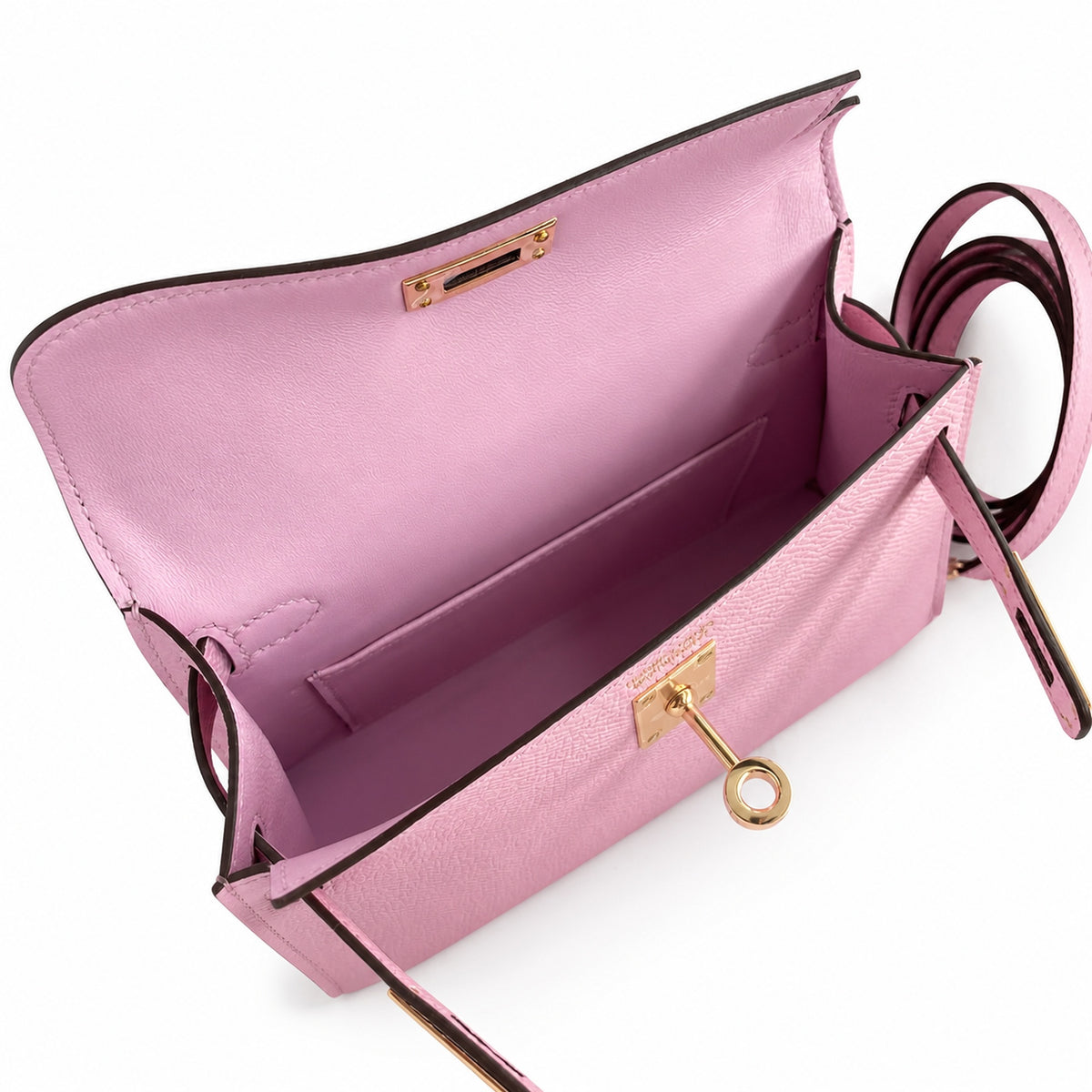 handmade Mini Kelly II 19cm imported Epsom Leather, malva purple, Rose Gold Buckle — Sophisticated Small-Scale Bag