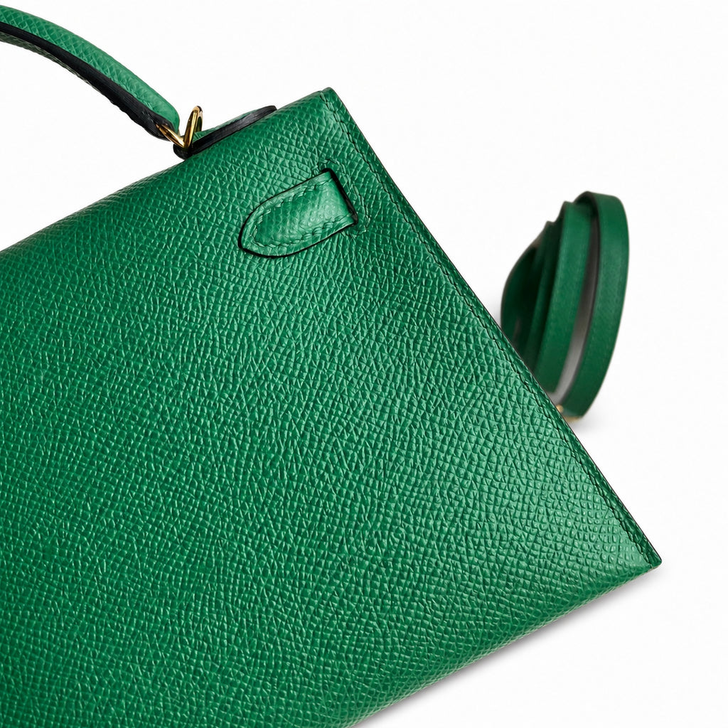 handmade Mini Kelly II 19cm imported Epsom Leather Velvet Green Gold Buckle — Distinctive Petite Bag