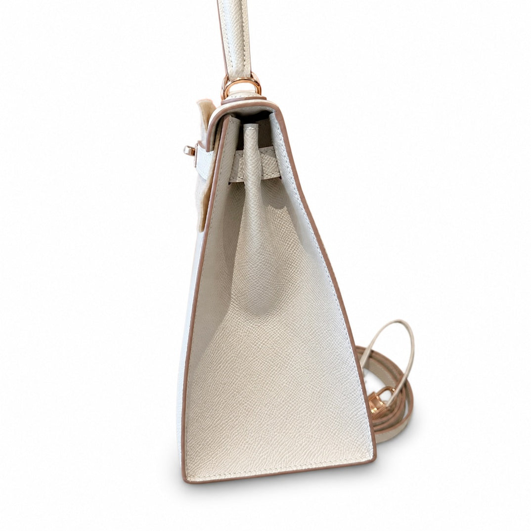 Kelly 28cm in Milkshake White Epsom Leather with Rose Gold Buckle Handmade — Elegant Structured Carry Style
