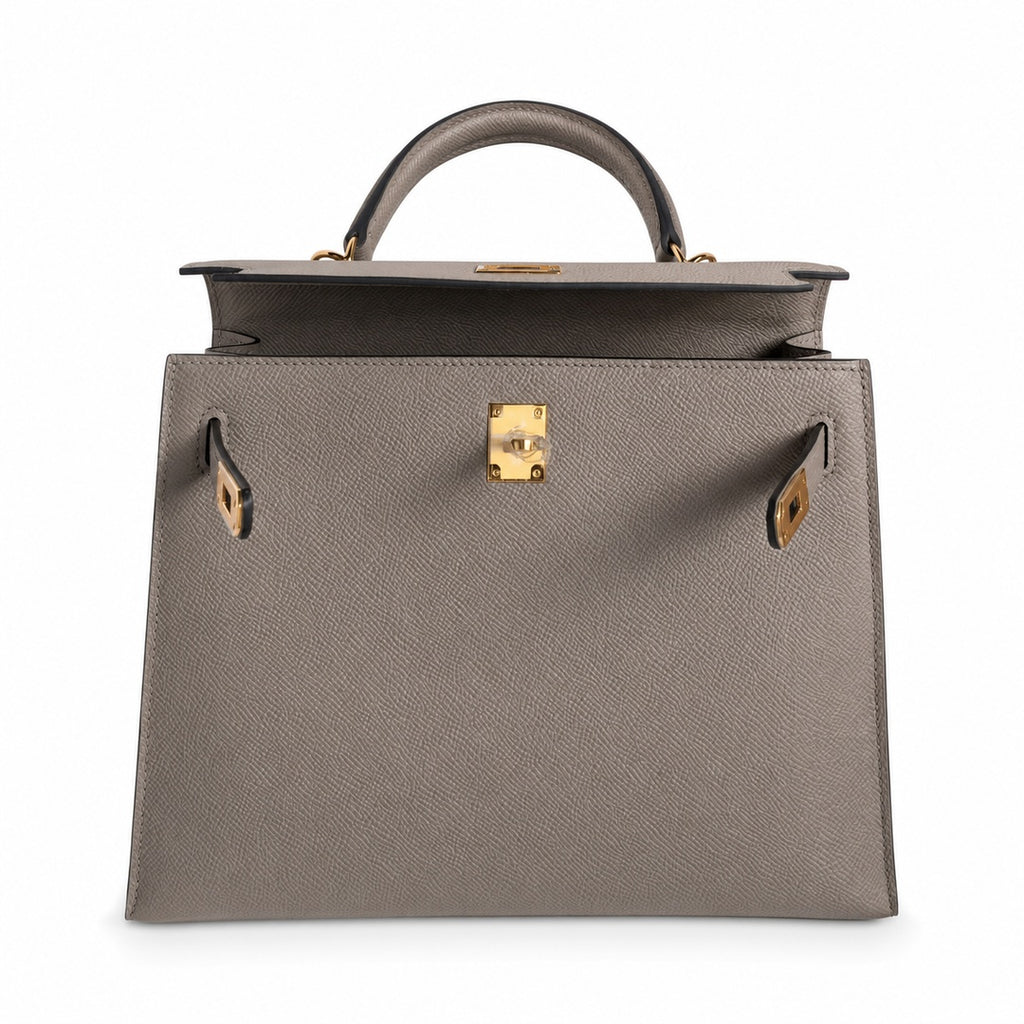 Kelly 25 M8 asphalt gray Gold Buckle Epsom pure handmade wax thread — Refined Top-Handle Bag