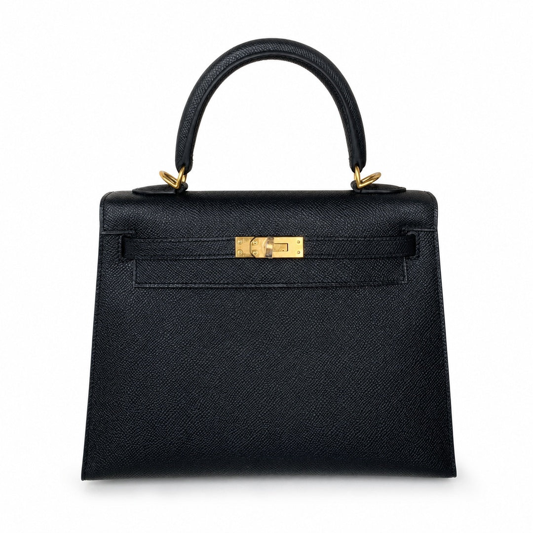 Kelly 25 Black Epsom Gold Buckle, fully handmade with wax thread — Polished Structured Handbag