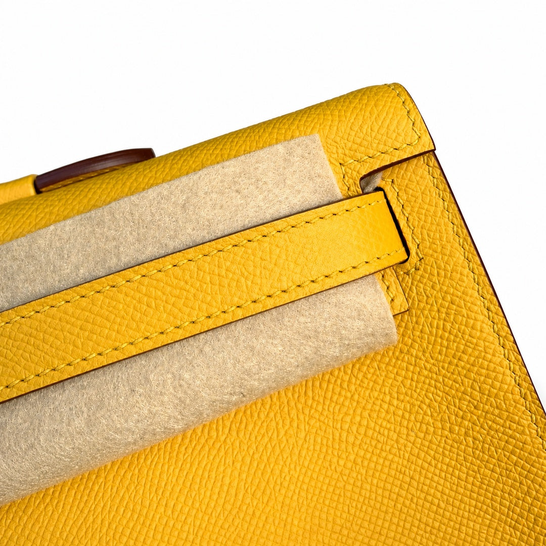 Kelly cut clutch, evening bag, Epsom Leather, wax thread hand-sewing, amber yellow, Gold Buckle — Slim Evening Clutch