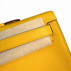 Slim Evening Clutch: Kelly cut clutch, evening bag, Epsom Leather, wax thread hand-sewing, amber yellow, Gold Buckle